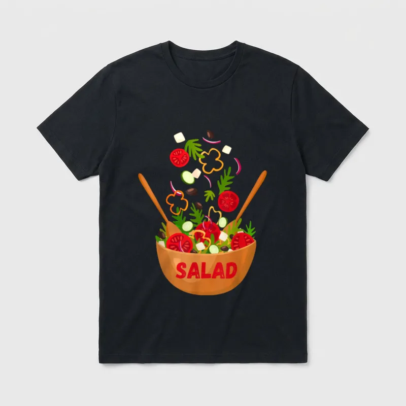 Vegetables Salad Vegan Vegetarian T-Shirt – "SALAD" text with wooden bowl full of fresh vegetables – Classic T-Shirt in Black