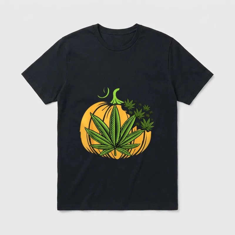 Weed Marijuana Leaf Pumpkin T-Shirt – Pumpkin with cannabis leaf and floating leaves – Classic T-Shirt in Black