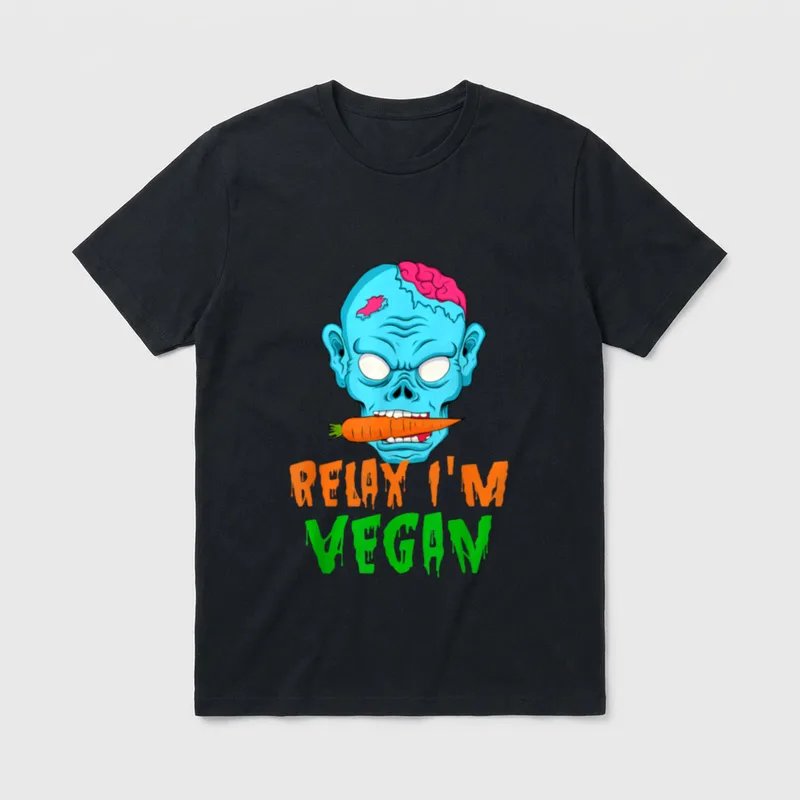 Veganism Halloween Relax I'm T-Shirt – Blue zombie head biting a carrot with RELAX I'M VEGAN text – Classic T-Shirt in Black