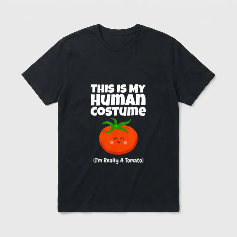 This Is My Human T-Shirt – Smiling red tomato with green stem and text This Is My Human Costume – Classic T-Shirt in Black