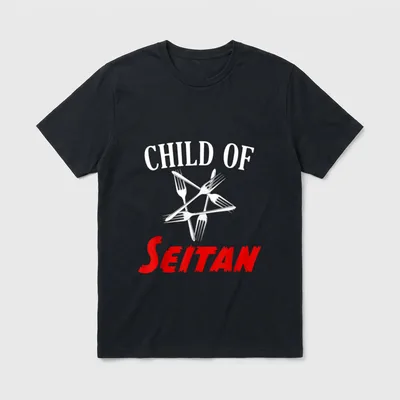 Vegan Child of Seitan T-Shirt – Fork pentagram with CHILD OF SEITAN text in white and red – Classic T-Shirt in Black