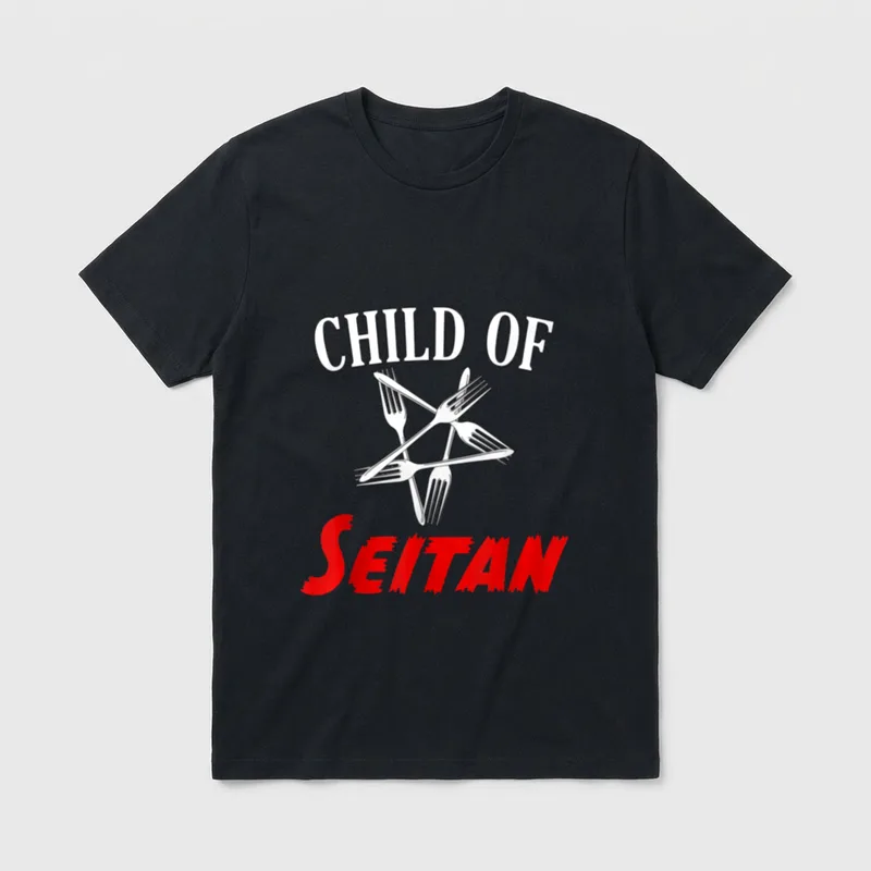 Vegan Child of Seitan T-Shirt – Fork pentagram with CHILD OF SEITAN text in white and red – Classic T-Shirt in Black