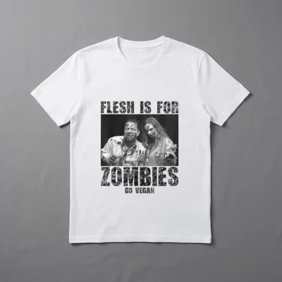 Vegan Flesh T-Shirt – Flesh Is For Zombies Go Vegan text over two pointing zombies – Classic T-Shirt in Black