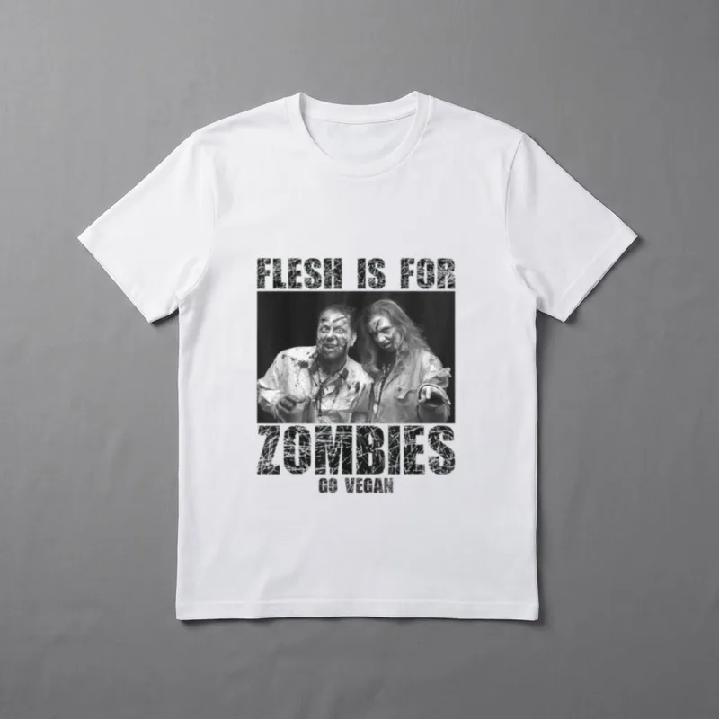 Vegan Flesh T-Shirt – Flesh Is For Zombies Go Vegan text over two pointing zombies – Classic T-Shirt in Black