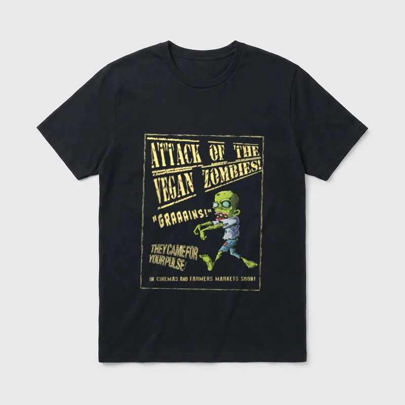 Attack of the Vegan T-Shirt – Green zombie chasing grains on vintage B-movie poster text – Classic T-Shirt in Black