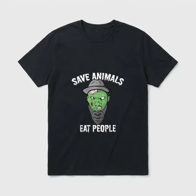 Funny Zombie Sayings Halloween T-Shirt – Zombie head in fedora with text Save Animals Eat People – Classic T-Shirt in Black