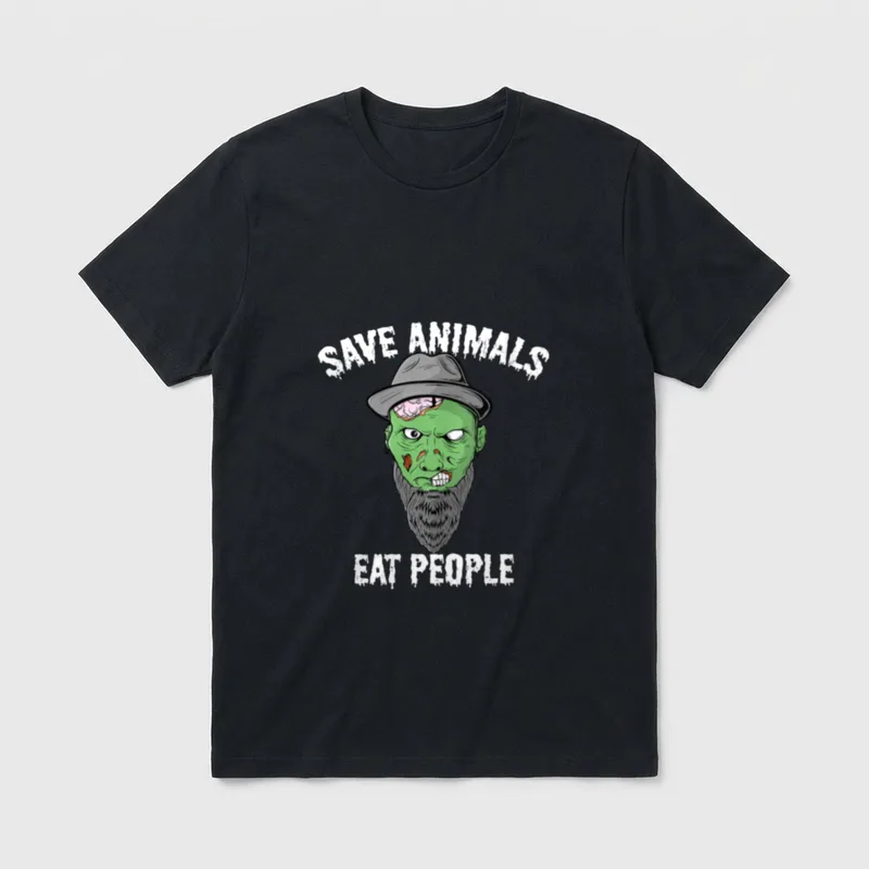 Funny Zombie Sayings Halloween T-Shirt – Zombie head in fedora with text Save Animals Eat People – Classic T-Shirt in Black