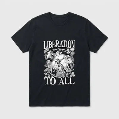 Liberation To All Vegan T-Shirt – LIBERATION and TO ALL text with four animals and flowering vines – Classic T-Shirt in Black