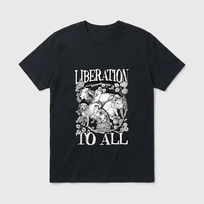 Liberation To All Vegan T-Shirt – LIBERATION and TO ALL text with four animals and flowering vines – Classic T-Shirt in Black