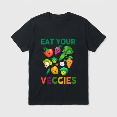 Vegan Kids Toddler Boys T-Shirt – "EAT YOUR VEGGIES" text with cheerful cartoon vegetables – Classic T-Shirt in Black