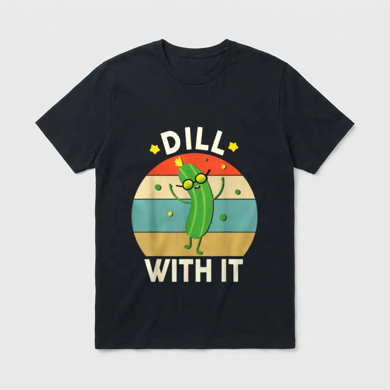 Funny Dill T-Shirt – "DILL" above and "WITH IT" below a cartoon pickle wearing sunglasses – Classic T-Shirt in Black