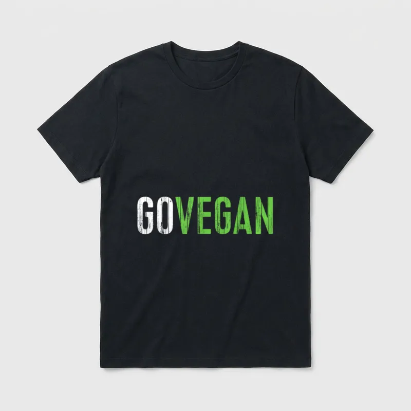 Go Vegan Men Women T-Shirt – Distressed white and green text reading GO VEGAN on a grey background – Classic T-Shirt in Black