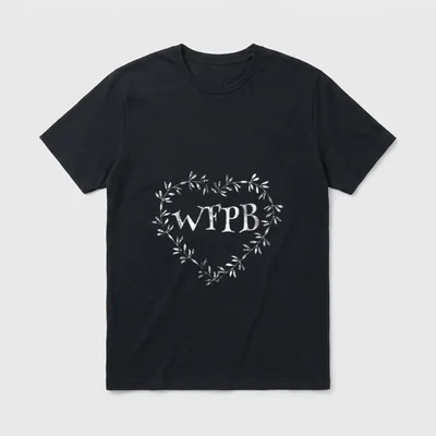 Plant Based WFPB Diet T-Shirt – WFPB text inside a white sketched leafy heart wreath – Classic T-Shirt in Black