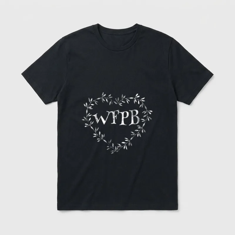 Plant Based WFPB Diet T-Shirt – WFPB text inside a white sketched leafy heart wreath – Classic T-Shirt in Black