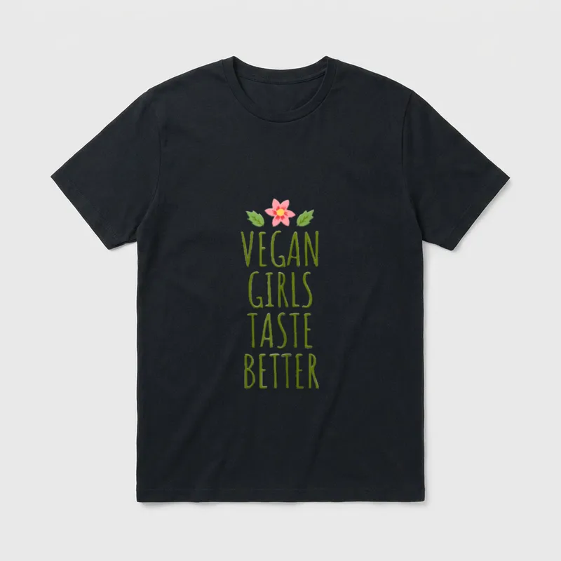 Vegan Girls Taste T-Shirt – Green text reading Vegan Girls Taste Better with a pink flower on top – Classic T-Shirt in Black