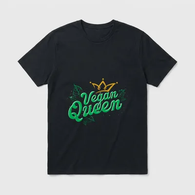 Plant Based Women Girls T-Shirt – Vegan Queen text with gold crown and green leaves – Classic T-Shirt in Black