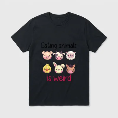 Vegan Women Kids Boys T-Shirt – Six cute cartoon animal heads with text Eating animals is weird – Classic T-Shirt in Black