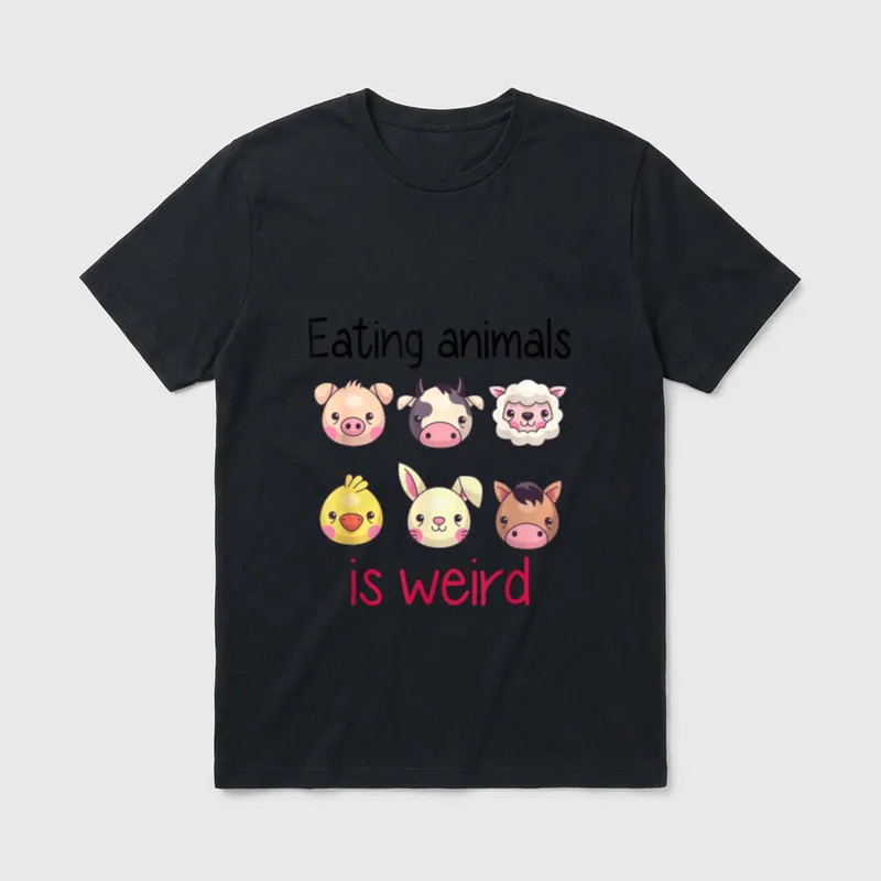 Vegan Women Kids Boys T-Shirt – Six cute cartoon animal heads with text Eating animals is weird – Classic T-Shirt in Black