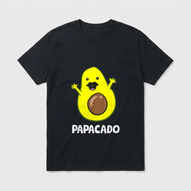 Funny Avocado Dad Vegan T-Shirt – A cartoon avocado with mustache and the word PAPACADO – Classic T-Shirt in Black