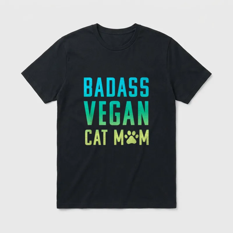 Badass Vegan Cat Mom Cute T-Shirt – BADASS VEGAN CAT MOM with paw print in the word MOM – Classic T-Shirt in Black
