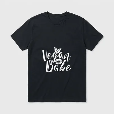 Vegan Babe for Women T-Shirt – Script text reading "Vegan Babe" with leaf and lip illustration – Classic T-Shirt in Black