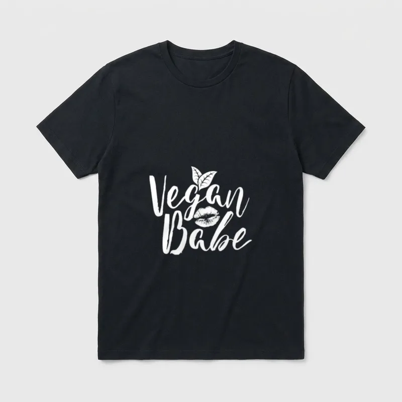 Vegan Babe for Women T-Shirt – Script text reading "Vegan Babe" with leaf and lip illustration – Classic T-Shirt in Black