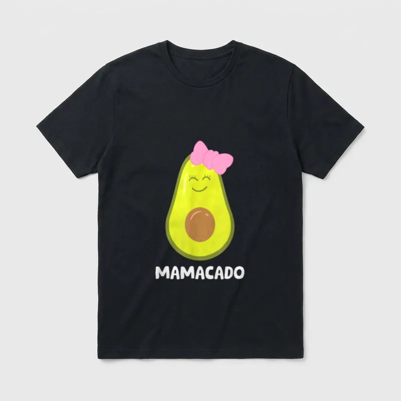 Funny Avocado Lover Vegan T-Shirt – Smiling avocado half with pink bow and white text Mamacado – Classic T-Shirt in Black