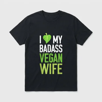 Vegan Wife I Love T-Shirt – I heart My Badass Vegan Wife text with green leaf icon – Classic T-Shirt in Black