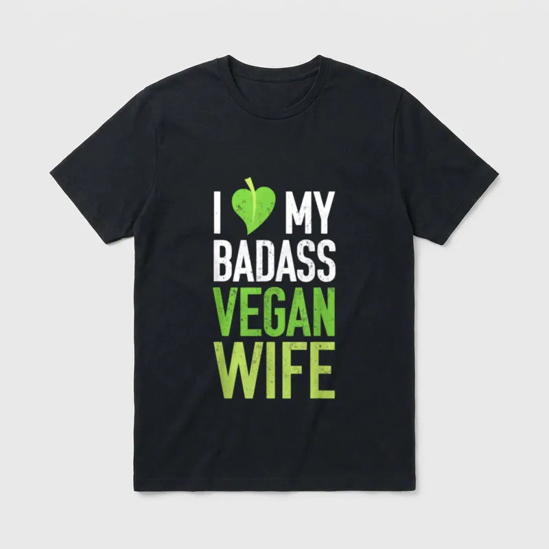 Vegan Wife I Love T-Shirt – I heart My Badass Vegan Wife text with green leaf icon – Classic T-Shirt in Black