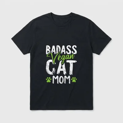 Vegan Cat Mom Mothers-Day T-Shirt – Badass vegan cat mom text with green paw prints – Classic T-Shirt in Black