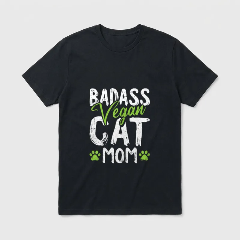 Vegan Cat Mom Mothers-Day T-Shirt – Badass vegan cat mom text with green paw prints – Classic T-Shirt in Black