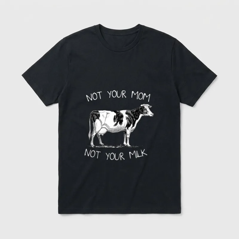 NOT YOUR MOM MILE Vegan T-Shirt – Black and white cow sketch with text Not Your Mom Not Your Milk – Classic T-Shirt in Black