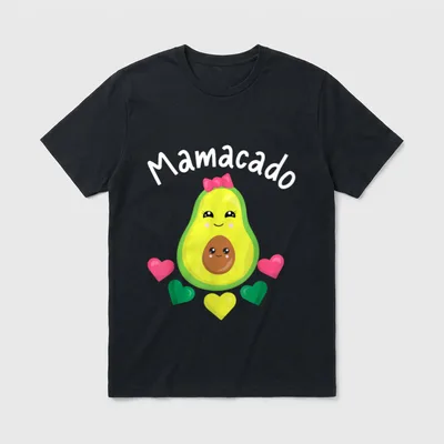 Mamacado Avocado Lover Vegan T-Shirt – Kawaii avocado with pink bow and hearts under Mamacado text – Classic T-Shirt in Black