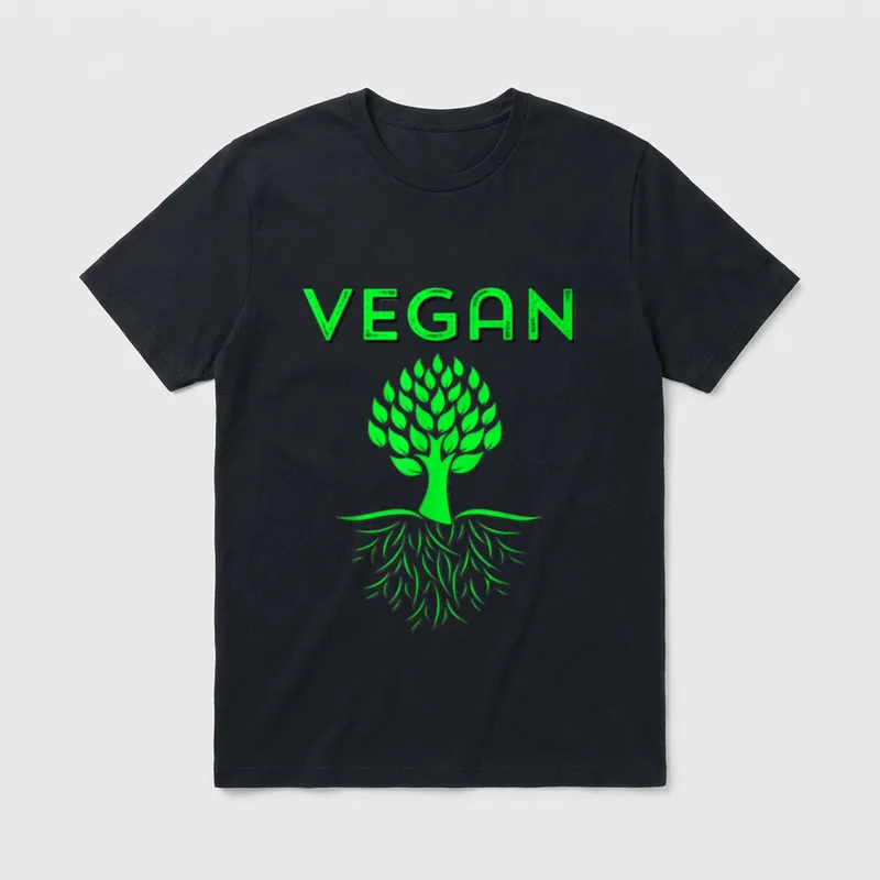 Vegan Tree Roots Green T-Shirt – Green tree with leaf roots and VEGAN text – Classic T-Shirt in Black