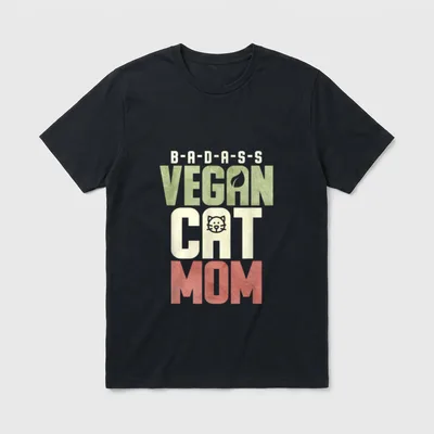 Badass Vegan Cat T-Shirt – Stacked text reading Badass Vegan Cat Mom with a leaf and cat face icon – Classic T-Shirt in Black