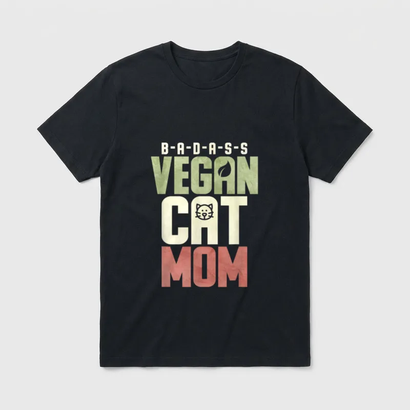 Badass Vegan Cat T-Shirt – Stacked text reading Badass Vegan Cat Mom with a leaf and cat face icon – Classic T-Shirt in Black