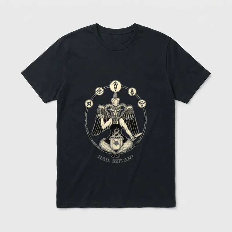 Hail Seitan Satanic vegan T-Shirt – Text reading 'HAIL SEITAN!' below an occult chef figure – Classic T-Shirt in Black