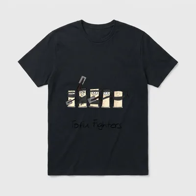 Funny Tofu Pun for Tofu T-Shirt – Five ninja tofu blocks holding cleavers with text Tofu Fighters – Classic T-Shirt in Black