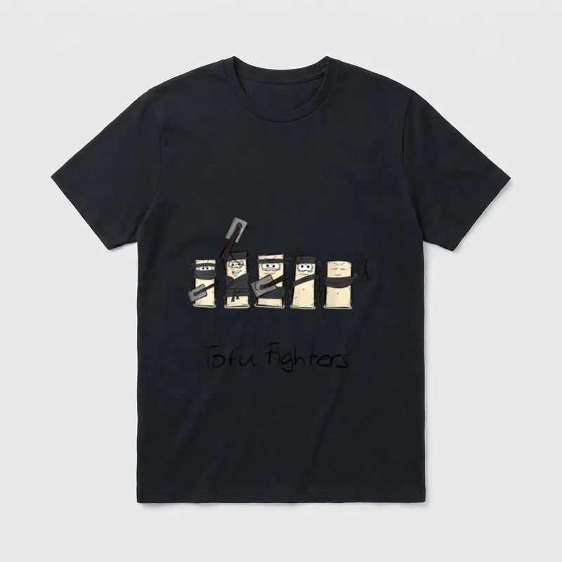 Funny Tofu Pun for Tofu T-Shirt – Five ninja tofu blocks holding cleavers with text Tofu Fighters – Classic T-Shirt in Black