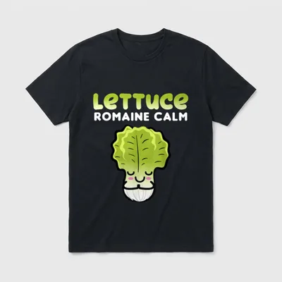 Pun Vegan Plant-Based Joke Funny T-Shirt – Smiling cartoon lettuce with text LETTUCE ROMAINE CALM – Classic T-Shirt in Black