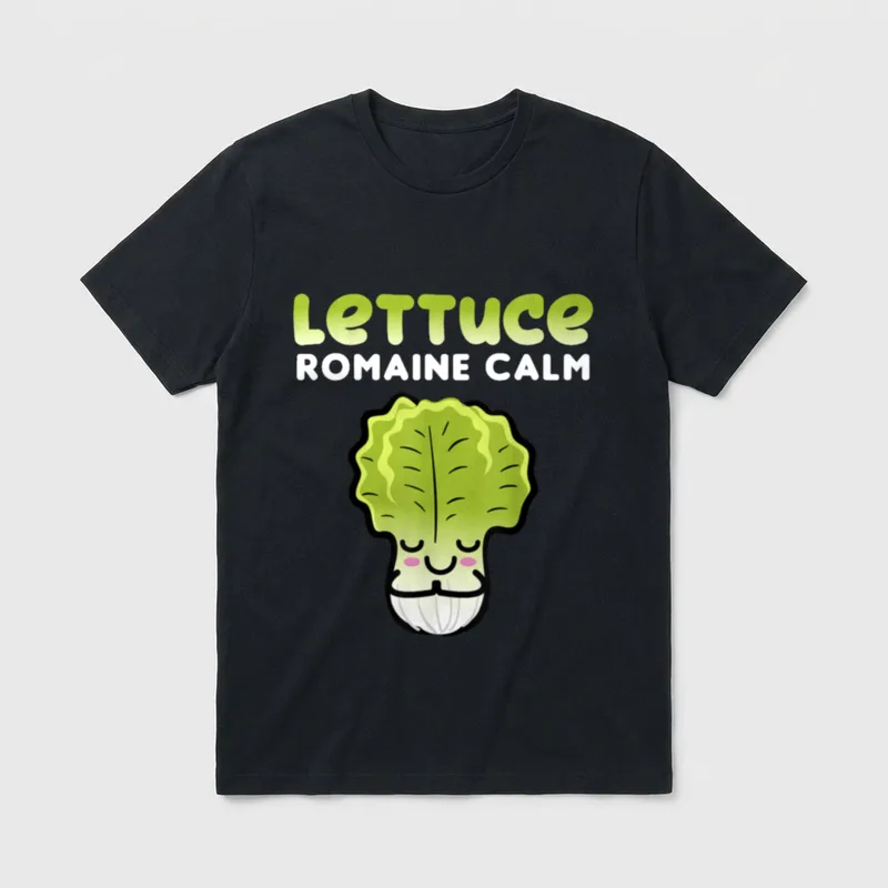 Pun Vegan Plant-Based Joke Funny T-Shirt – Smiling cartoon lettuce with text LETTUCE ROMAINE CALM – Classic T-Shirt in Black