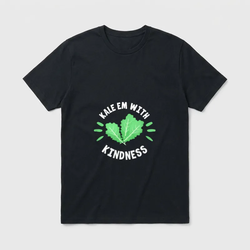 Kale Vegan Funny Kale T-Shirt – Green kale leaves with white text reading KALE EM WITH KINDNESS – Classic T-Shirt in Black