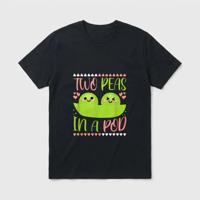 Two Peas T-Shirt – Kawaii peas in a pod with pink and green text and heart borders – Classic T-Shirt in Black