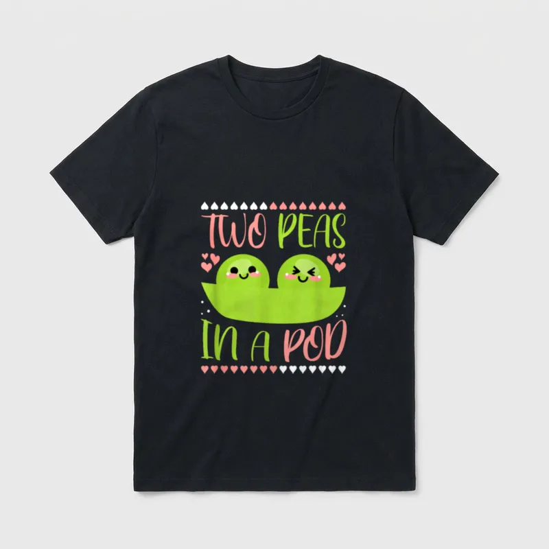 Two Peas T-Shirt – Kawaii peas in a pod with pink and green text and heart borders – Classic T-Shirt in Black