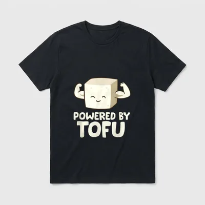 Vegan Vegetarian Love Tofu T-Shirt – A cartoon tofu block flexing biceps with text Powered By Tofu – Classic T-Shirt in Black