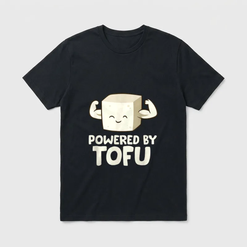 Vegan Vegetarian Love Tofu T-Shirt – A cartoon tofu block flexing biceps with text Powered By Tofu – Classic T-Shirt in Black