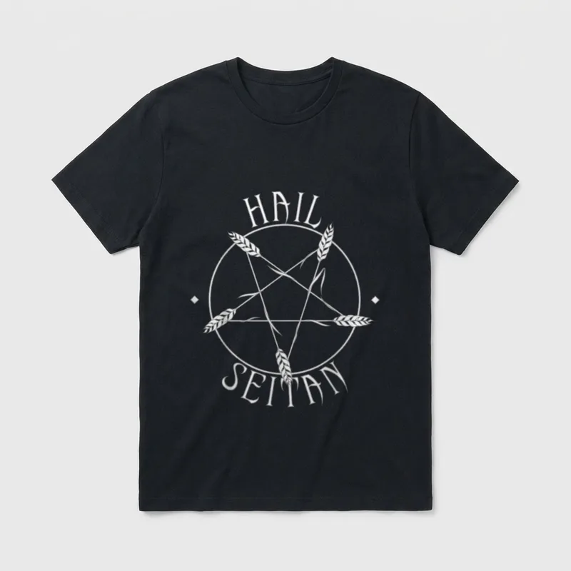 Hail Seitan Vegan Vegetarian T-Shirt – White pentagram made of wheat stalks with HAIL SEITAN text – Classic T-Shirt in Black
