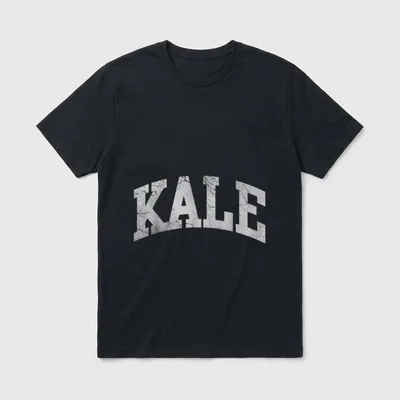 Kale Vegan Vegetarian Funny T-Shirt – Arched distressed KALE text in varsity font style – Classic T-Shirt in Black