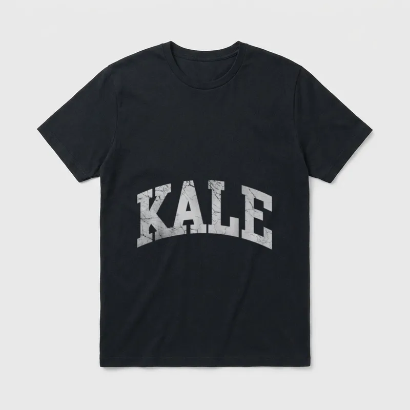 Kale Vegan Vegetarian Funny T-Shirt – Arched distressed KALE text in varsity font style – Classic T-Shirt in Black