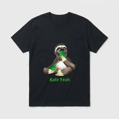 Funny Vegan Sloth Kale T-Shirt – Cartoon sloth holding kale leaves with text reading Kale Yeah – Classic T-Shirt in Black